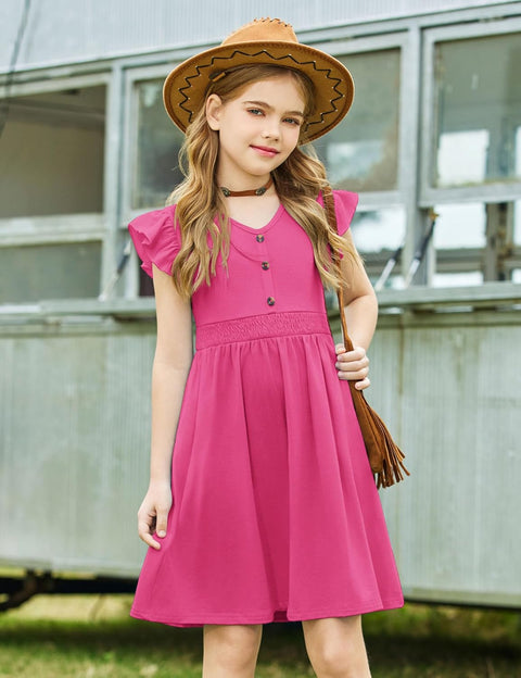 Arshiner Girls Dresses Ruffle Sleeve A-Line V-Neck Sundress
