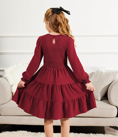 Arshiner Girls Dress Fall Boho Long Sleeve Shirred Smocked Tiered Party Dresses