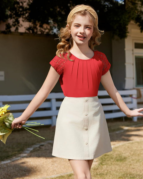 Arshiner Girls Shirts Short Sleeves Lace Pleated Kids Tops