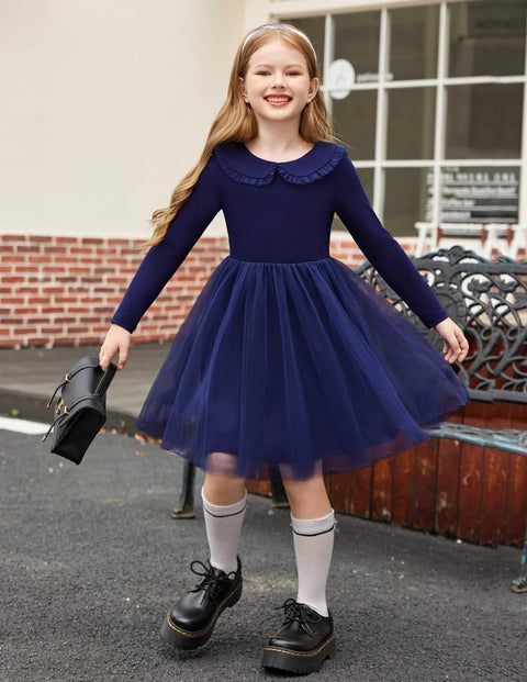 Arshiner Tutu Dress Girls Long Sleeve Peter Pan Collar Party Dresses