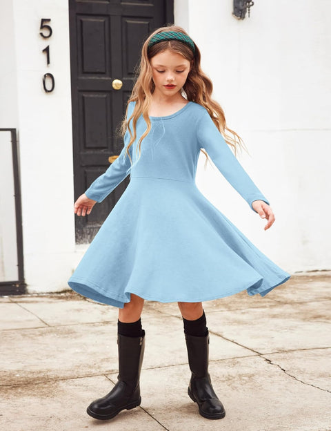 Arshiner Girls Long Sleeve Stretchy Dress A line Twirly Skater School Party Dress