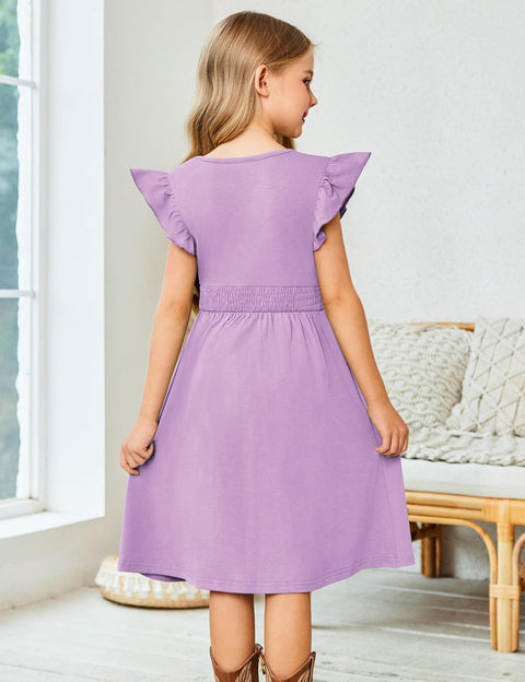 Arshiner Girls Dresses Ruffle Sleeve A-Line V-Neck Sundress