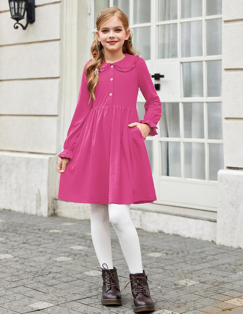 Arshiner Girls Long Sleeve Dress Ruffle Cotton Dresses