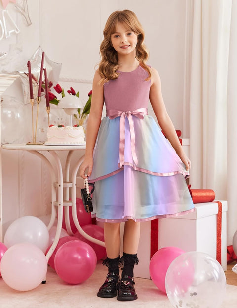 Arshiner Girls Dress Formal Party Fluffy Tulle Sleeveless Belted Dresses 3-11Y