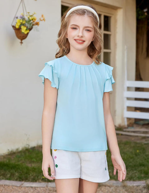 Arshiner Girls T Shirts Ruffle Short Sleeve Pleated Casual Tops