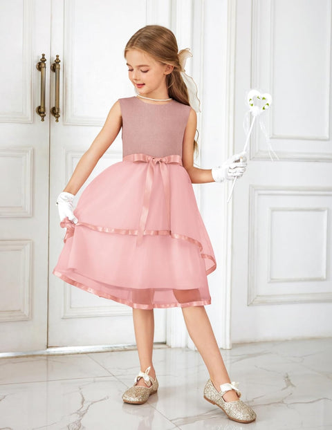 Arshiner Girls Dress Formal Party Fluffy Tulle Sleeveless Belted Dresses 3-11Y
