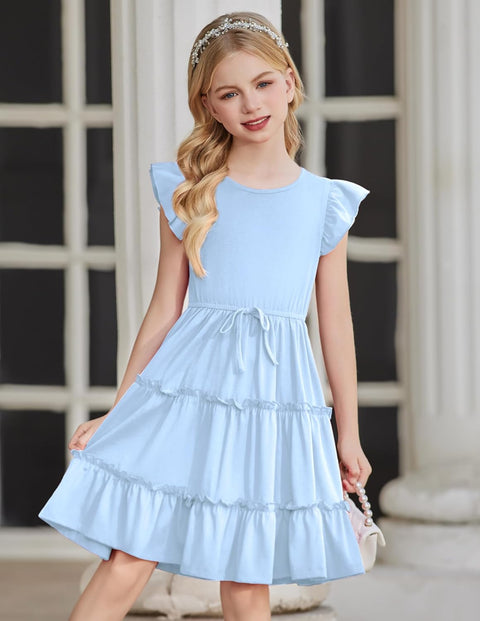 Arshiner Girl's Dress Ruffle Sleeve Tiered Dresses with Pockets 5-12 Years