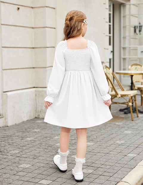 Arshiner Girls Long Sleeve Smocked Skater Elegant Dress with Pockets
