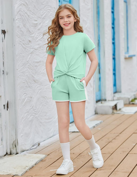 Arshiner Girls Clothing Sets Twist Front Top and Shorts 2 Piece Outfits Activewear Tracksuit 5-14 Year