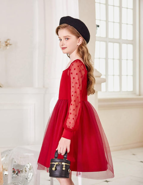 Arshiner Girl Tulle Dress Puff Long Sleeve Teen Girls Party Casual Dresses