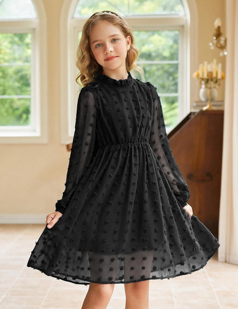 Arshiner Girls Dress Long Sleeve Swiss Dot Ruffle Collar Flowy A-Line Party Dress for Kids 5-13Y