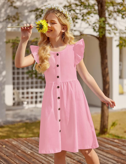 Arshiner Girls Dress Flutter Sleeve A-Line Button Down Sundress