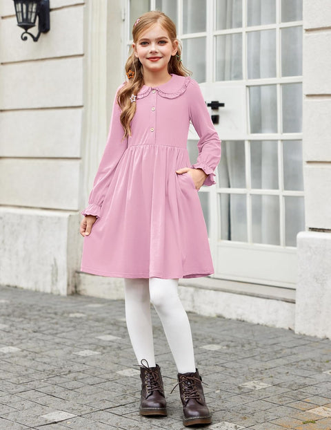 Arshiner Girls Long Sleeve Dress Ruffle Cotton Dresses