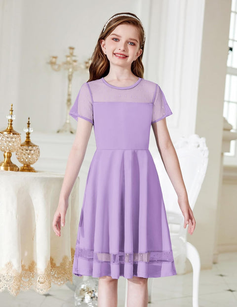 Arshiner Tween Girls Dress Formal Contrast Mesh Short Sleeve A Line Party Dresses