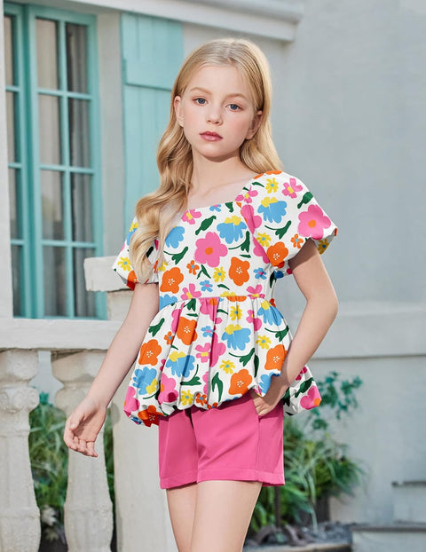Arshiner Girls 2 Piece Sets Puffed Sleeve Bubble Hem Tops and Short Set
