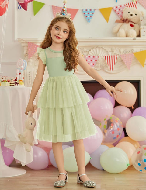 Arshiner Toddler Girls Tutu Sundress Ruffle Sleeve Double Fluffy Tiered Dresses