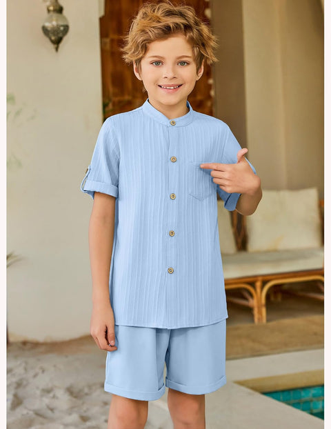 Arshiner Boy's 2 Piece Outfit Short Sleeve Textured Shirt and Short Sets