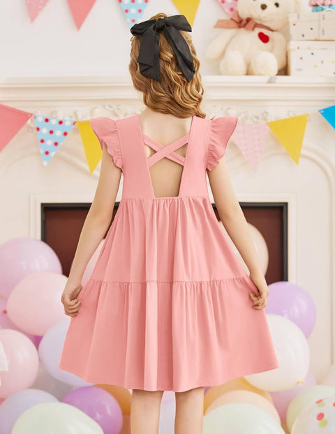 【2-8Y】Arshiner Toddler Dress Girls Backless Tiered Dresses with Pockets