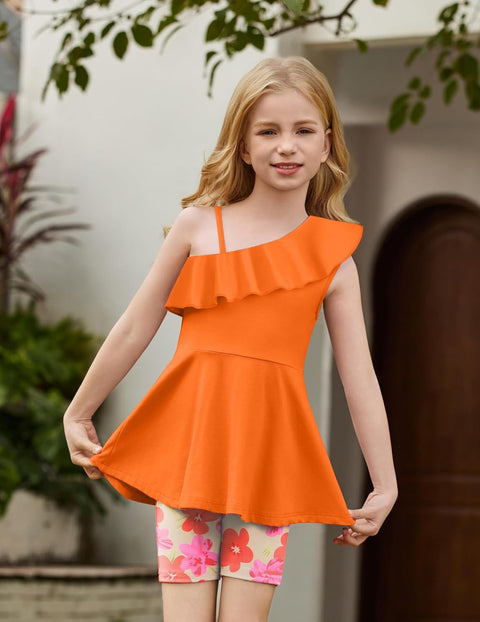 Arshiner Girls 2 Piece Outfits One Shoulder Ruffle Trim Top and Short Sets 6-14 Years