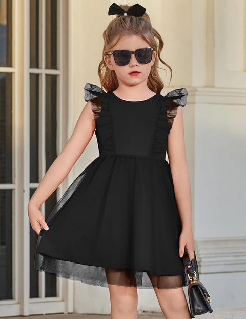【2-8Y】Arshiner Toddler Dress Ruffle Sleeve V-Back Tie Waist Girl Dresses