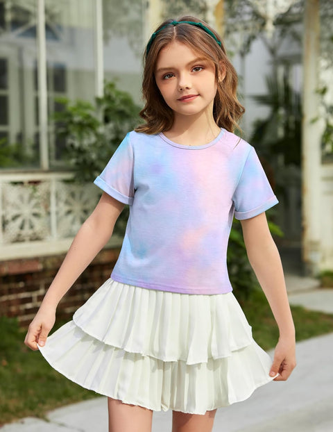 Arshiner Girls Crop Tops Short Sleeve Tie Dye Summer T Shirt Crewneck Rolled Cuffs Fashion Shirts Tee