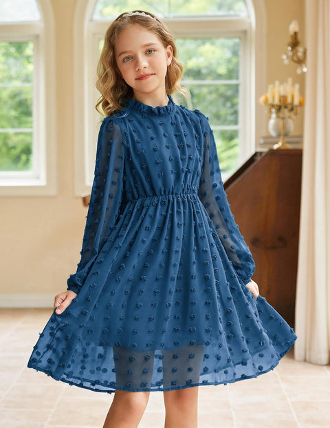Arshiner Girls Dress Long Sleeve Swiss Dot Ruffle Collar Flowy A-Line Party Dress for Kids 5-13Y