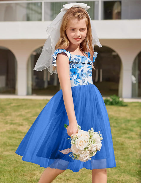 Arshiner Girls Dresses Square Neck Ruffle Sleeve Tulle Dress 6-14 Years