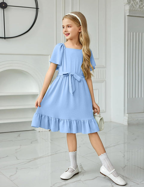 Arshiner Girls Dresses Kids Square Neck Ruffle Hem Belted Dress