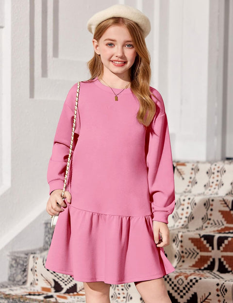 Arshiner Girls Dresses Long Sleeve Pullover Drop Shoulder Dress