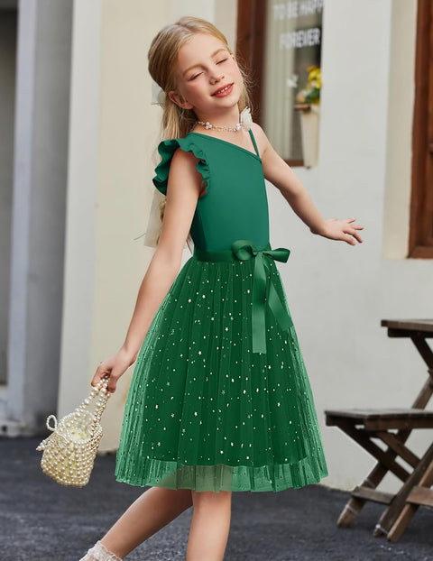 Arshiner Girls Dresses One Shoulder Ruffle Formal Tulle Dress