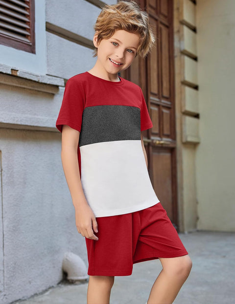 Arshiner Boys' 2-Piece Cotton Outfit Color Block T-Shirt and Shorts Set