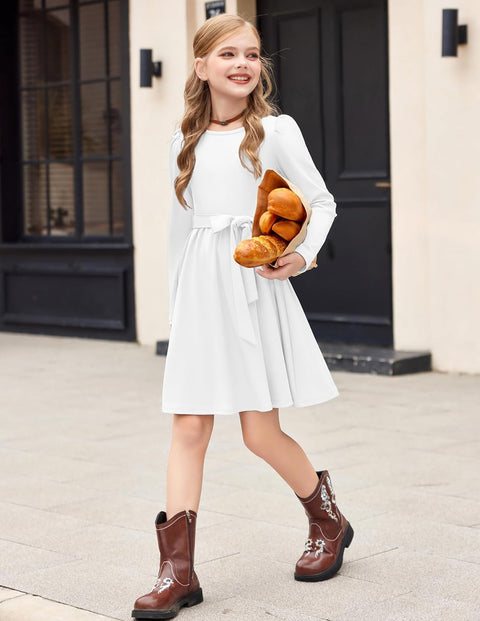 Arshiner Girls Dresses Puff Long Sleeve Formal Belted Dress