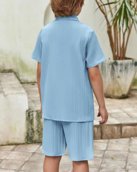 [5Y-12Y] Arshiner Boy's Textured Button Up Shirt and Shorts Set