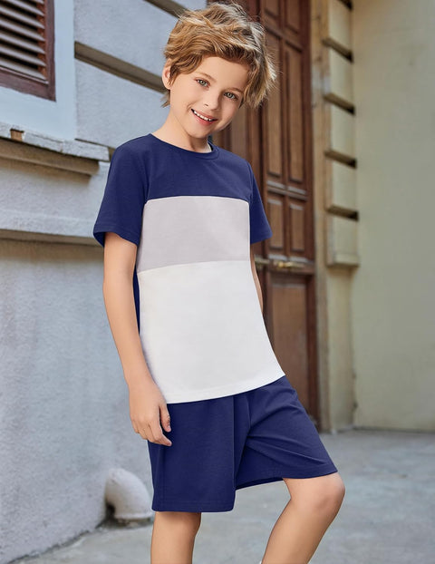 Arshiner Boys' 2-Piece Cotton Outfit Color Block T-Shirt and Shorts Set