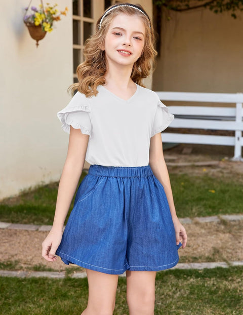 Arshiner Girls T Shirts Double Layer Ruffle Short Sleeve V Neck Tops Tee