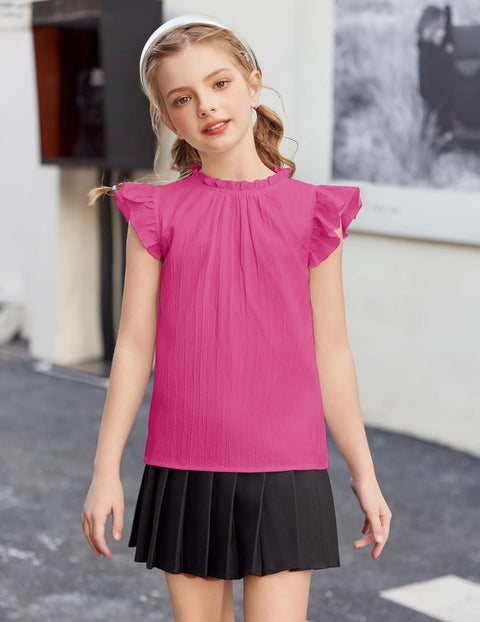 Arshiner Girls Ruffle Short Sleeve Shirts Frill Neck Pleated Blouse Tops