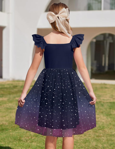 Arshiner Girls Dresses Square Neck Ruffle Sleeve Tulle Dress 6-14 Years
