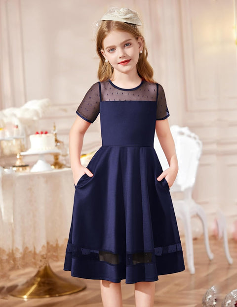 Arshiner Tween Girls Dress Formal Contrast Mesh Short Sleeve A Line Party Dresses