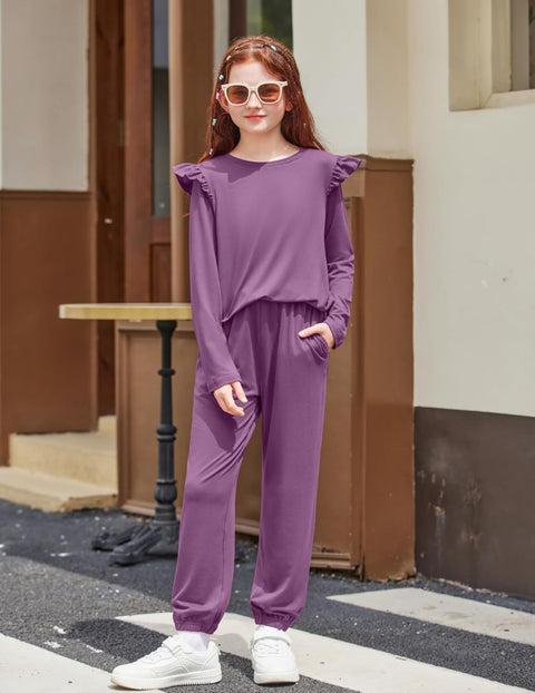 Arshiner Girls 2 Piece Outfits Ruffled Tops and Pants Set