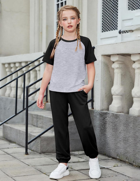 Arshiner Girls 2 Piece Outfits Short Sleeve Tops and Jogger Set