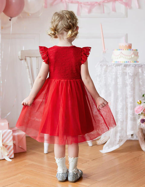 【2-8Y】Arshiner Toddler Lace Tutu Dresses Ruffle Sleeve 3 Layers Tulle Flower Dress