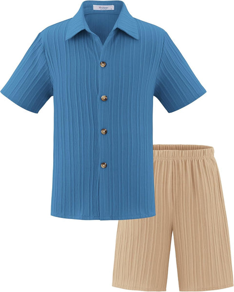 [5Y-12Y] Arshiner Boy's Textured Button Up Shirt and Shorts Set