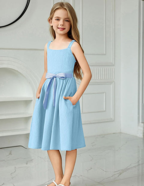 Arshiner Girls Cami Sleeveless Bow Tie Casual Sundress with Pockets for 5-12Y