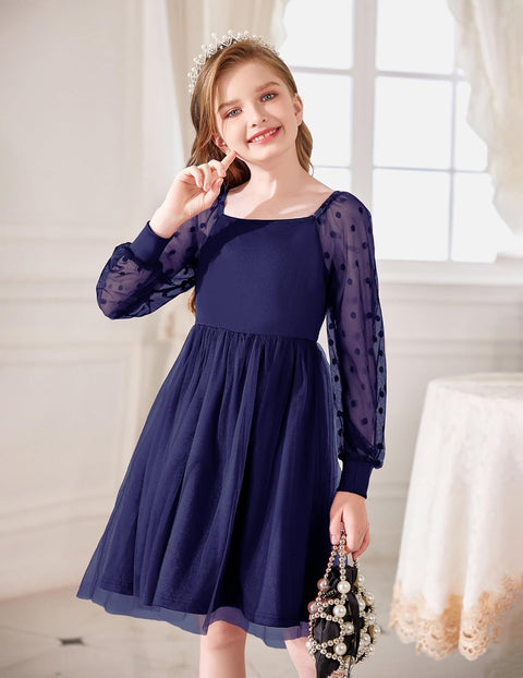 Arshiner Girl Tulle Dress Puff Long Sleeve Teen Girls Party Casual Dresses