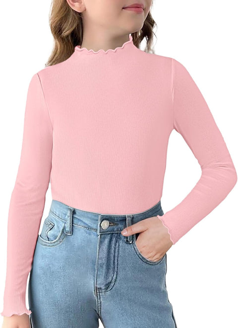 Arshiner Girls Lettuce Trim Mock Neck Ribbed Knit Tops