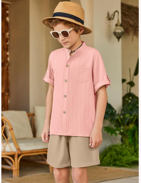 Arshiner Boy's 2 Piece Outfit Short Sleeve Textured Shirt and Short Sets