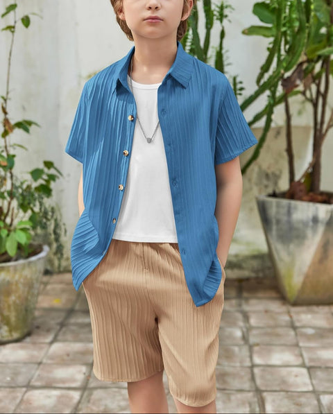 [5Y-12Y] Arshiner Boy's Textured Button Up Shirt and Shorts Set