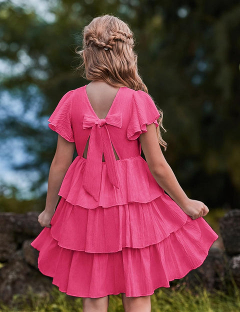 Arshiner Girls Dresses Elegant Ruffle Short Sleeve Back Tie Tiered Dresses