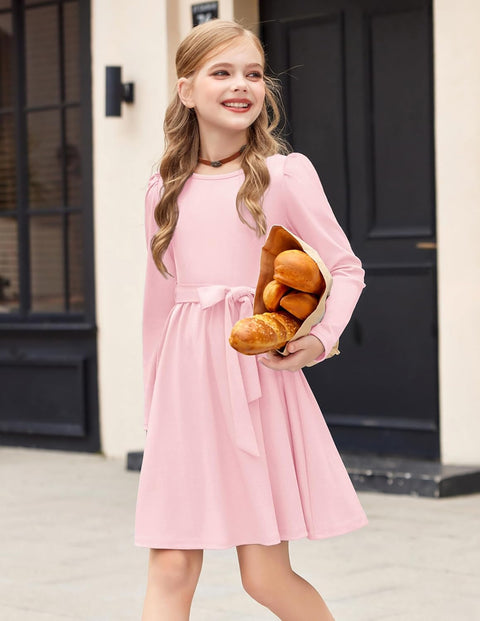 Arshiner Girls Dresses Puff Long Sleeve Formal Belted Dress