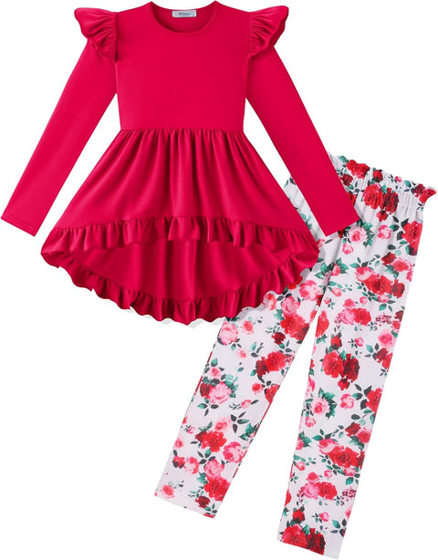 Arshiner Toddler Girl Ruffle Trim Long Sleeve Top and Floral Print Leggings Sets